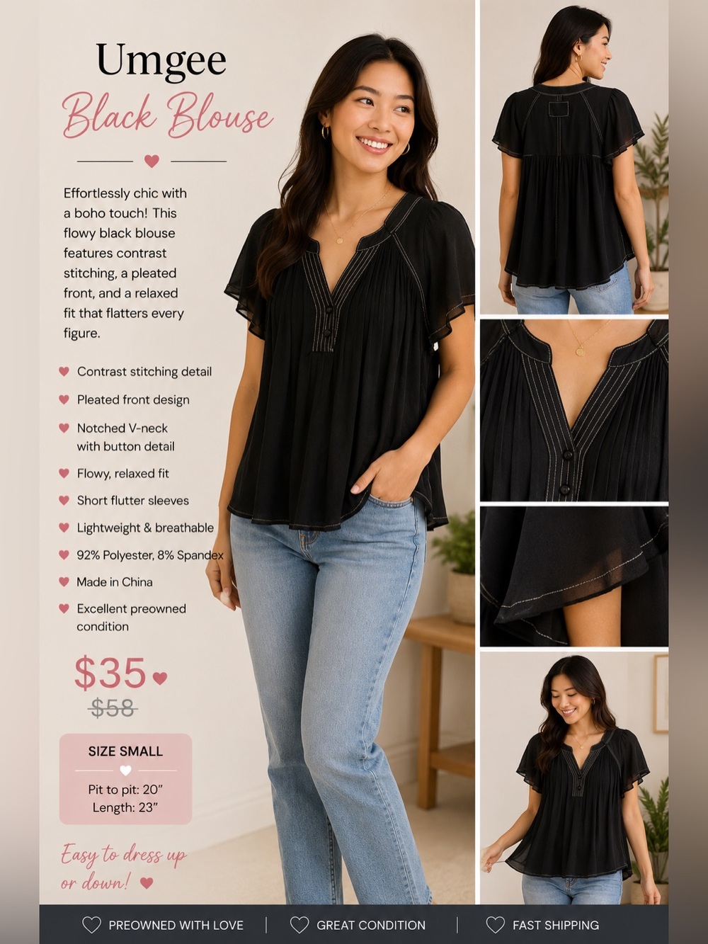 Umgee Black Blouse Size S